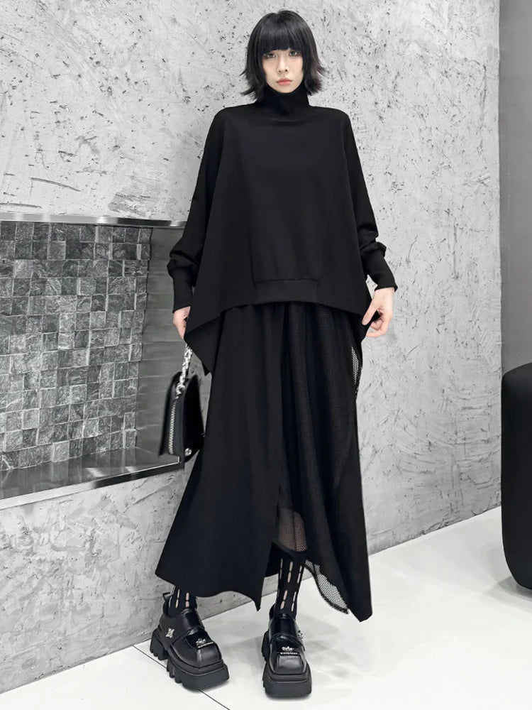 [EAM] Black Sweatshirt Half-body Skirt Two Pieces Suit New Turtleneck Long Sleeve Women Fashion Tide Spring Autumn 2025 1DH8611