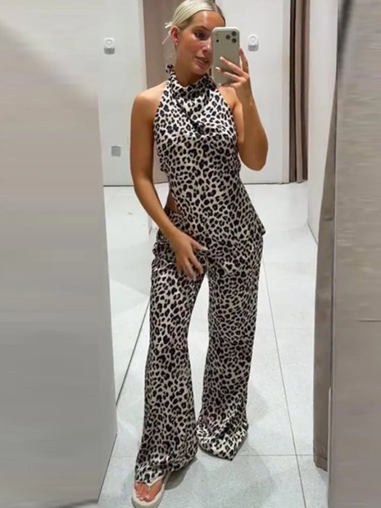 Leopard Print Halter Neck Top And High Waist Flare Pants Set For Women