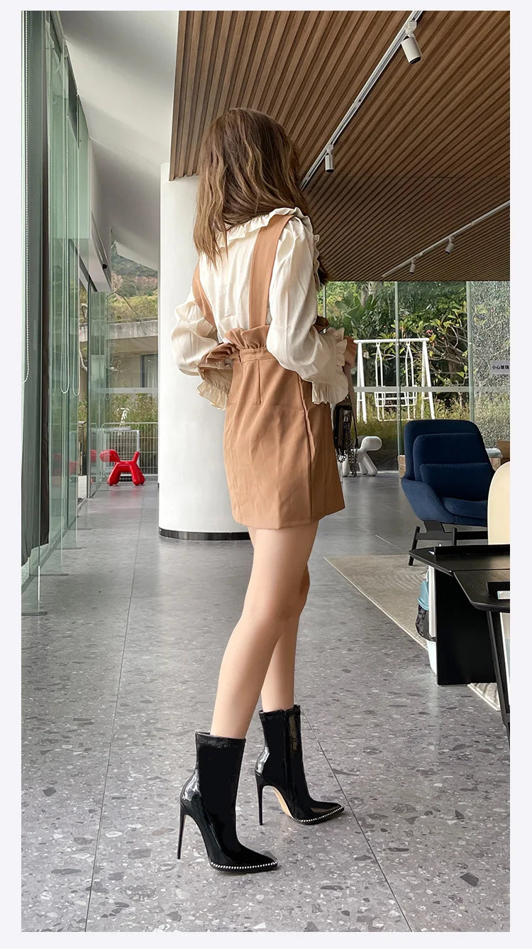 Elegant Rhinestone Bordered Side Zipper High Heel Ankle Boots for Women