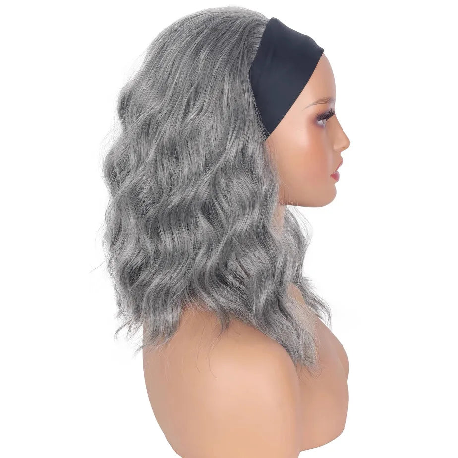 Elegant Gray Short Wavy Synthetic Headband Wig For Women