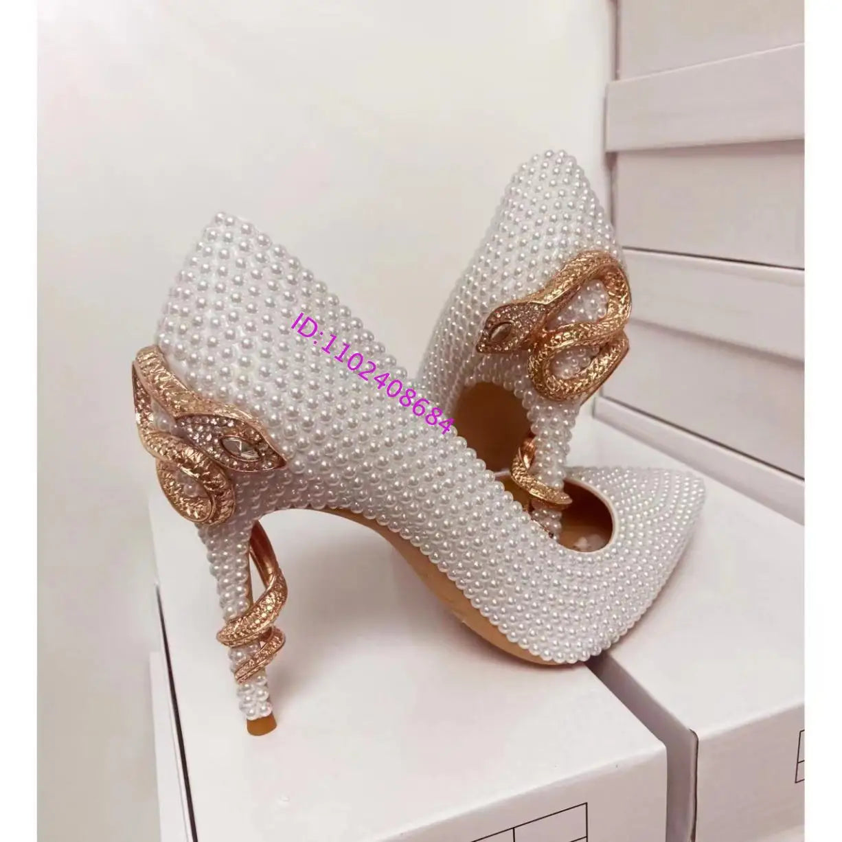 Golden Pearl Embellished Bridal High Heel Pumps For Women
