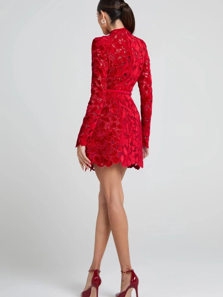 Retro Glamour Red Lace Waist-Cinched Mini Dress for Women