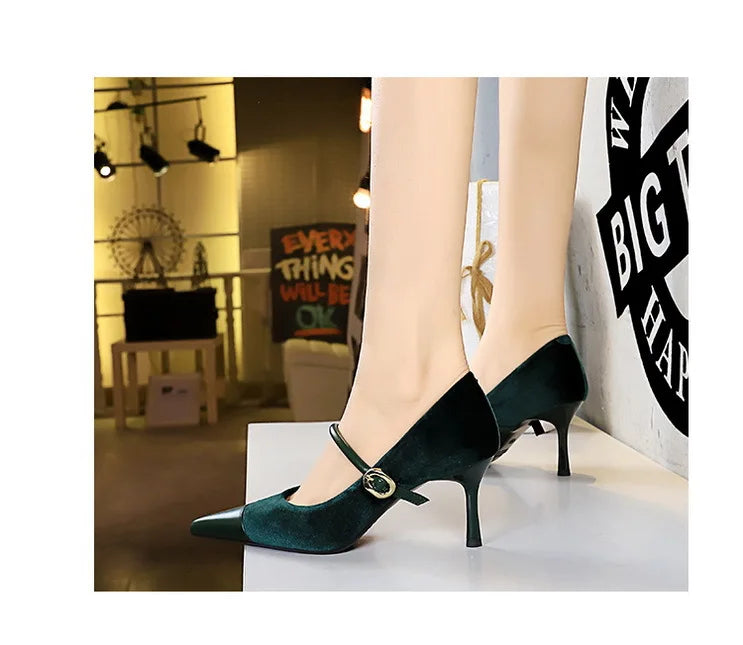 Suede Buckle Strap Pointed Toe Stiletto Pumps for Women