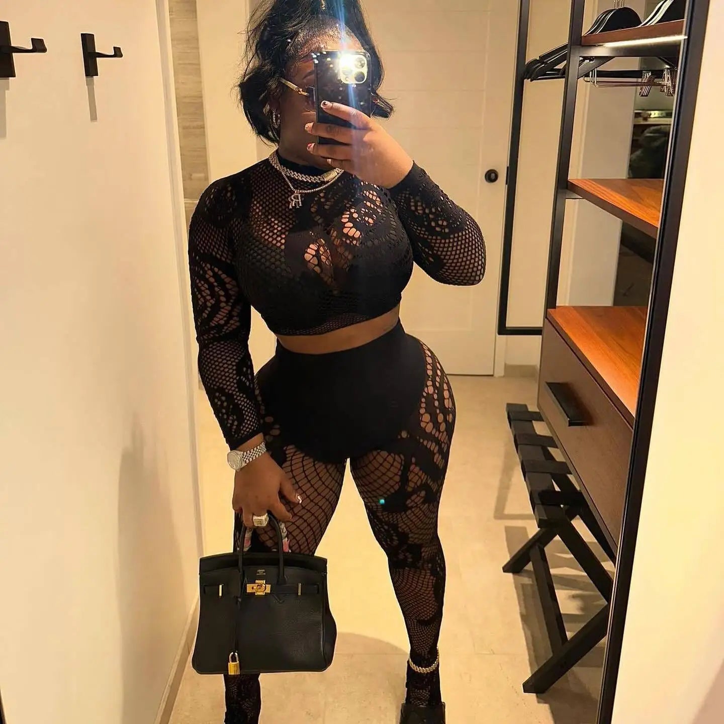FAGADOER Sexy Lace 2 Piece Set Women Outfit Mesh See Though Long Sleeve Crop Top + Pants Suit Fashion Female Streetwear Overalls
