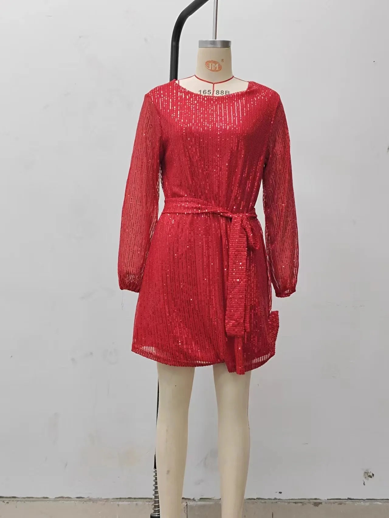 Sparkly Puff Long Sleeve Party Dress with Belt for Women Glitter Beaded Mini Dress Loose Wedding Bridesmaid Ladies Short Dresses