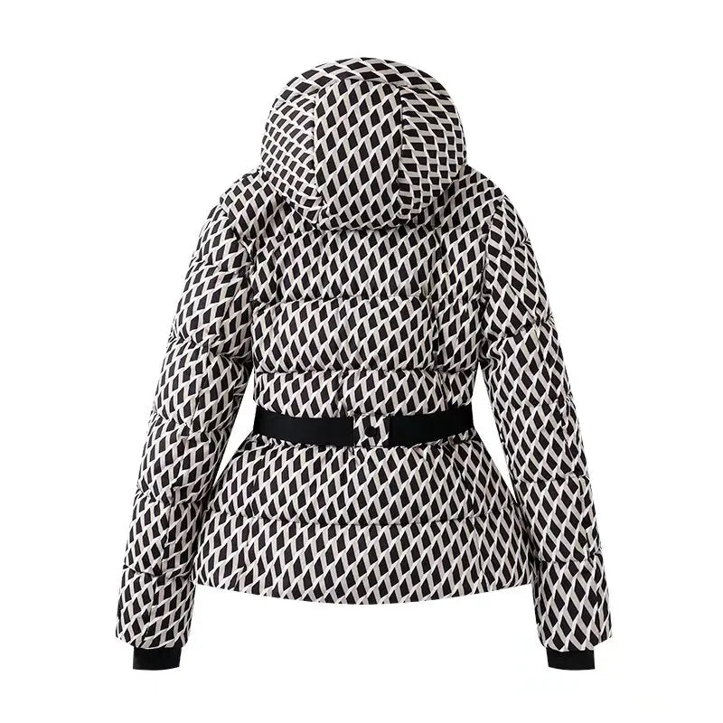 Hooded Windproof Padded Jacket And Pants Set With Belt for Women