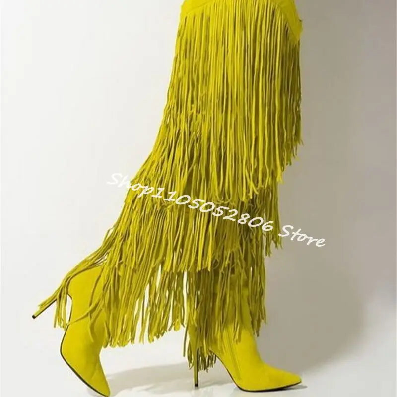 Fringe Belted Suede Over the Knee Boots with Pointed Toe and Thin Heel for Women
