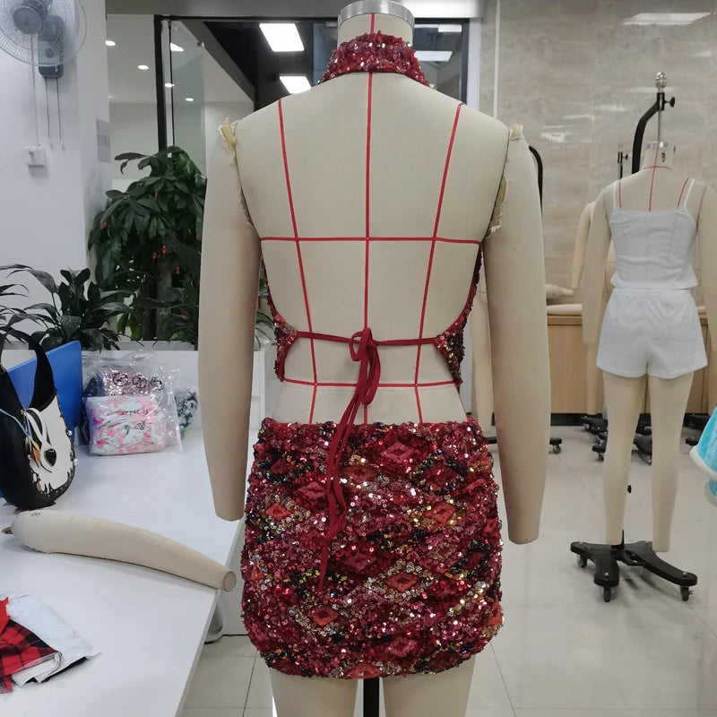 Gleaming Sequin Halter Crop Tops and Skirt Set for Women