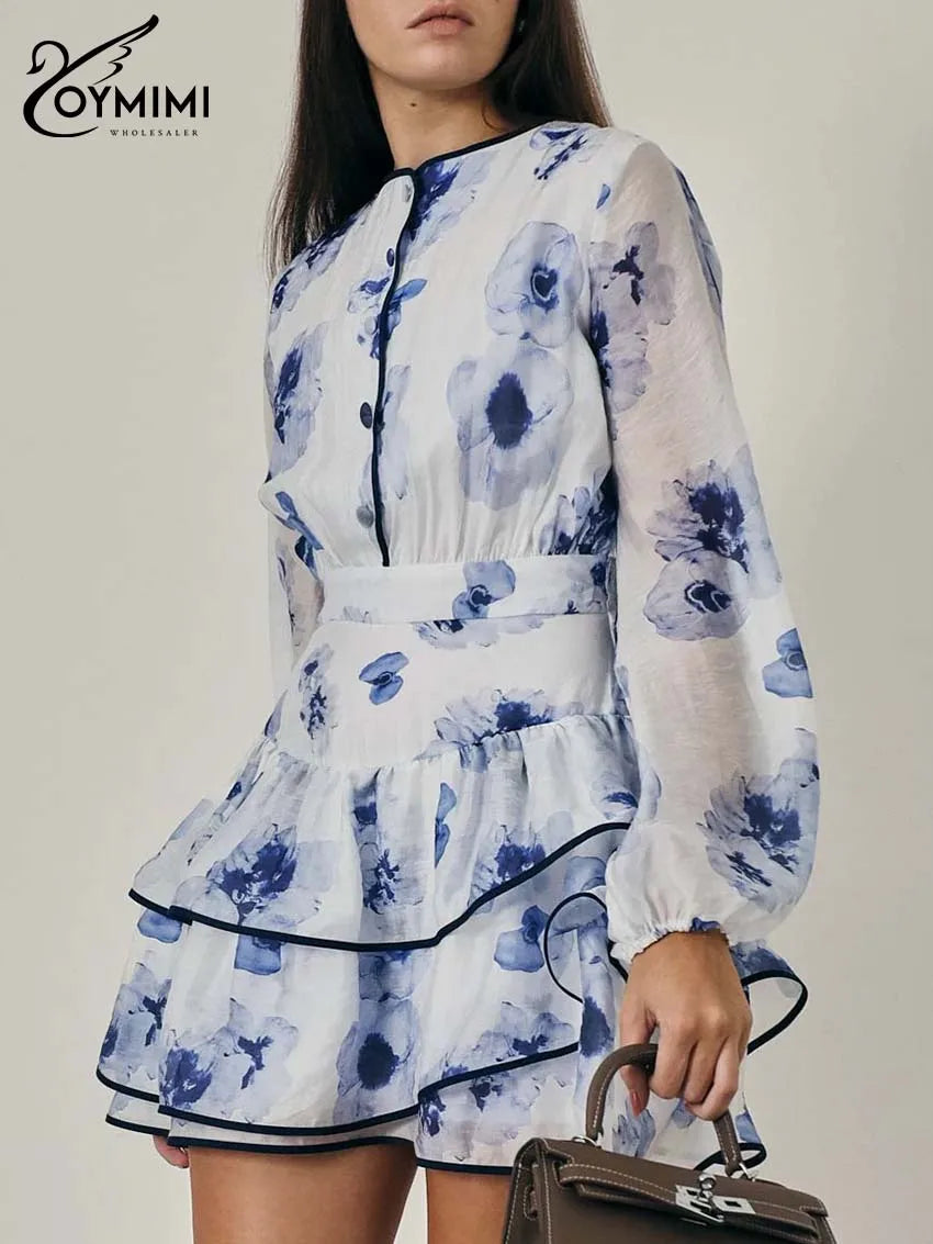 Oymimi Elegant Blue Print Women's Dress Fashion O-Neck Long Sleeve Patchwork Button Dresses Casual High Waist Ruffled Skirts Set