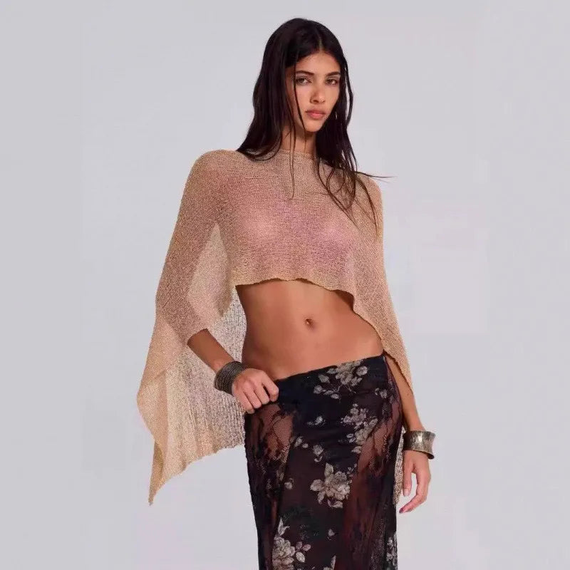 Sheer Knit O Neck Asymmetrical Loose Blouse for Women