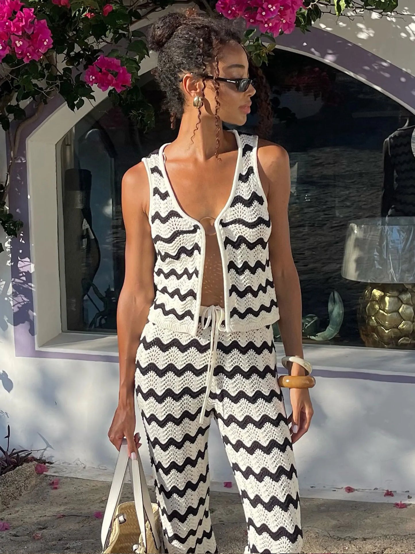 2025 Wave Striped Knit 2 Piece-Set Women's Fashion Top Lace-up Long Pant Knitwear Sets Holiday Swimsuit Cover Up Outfits K130