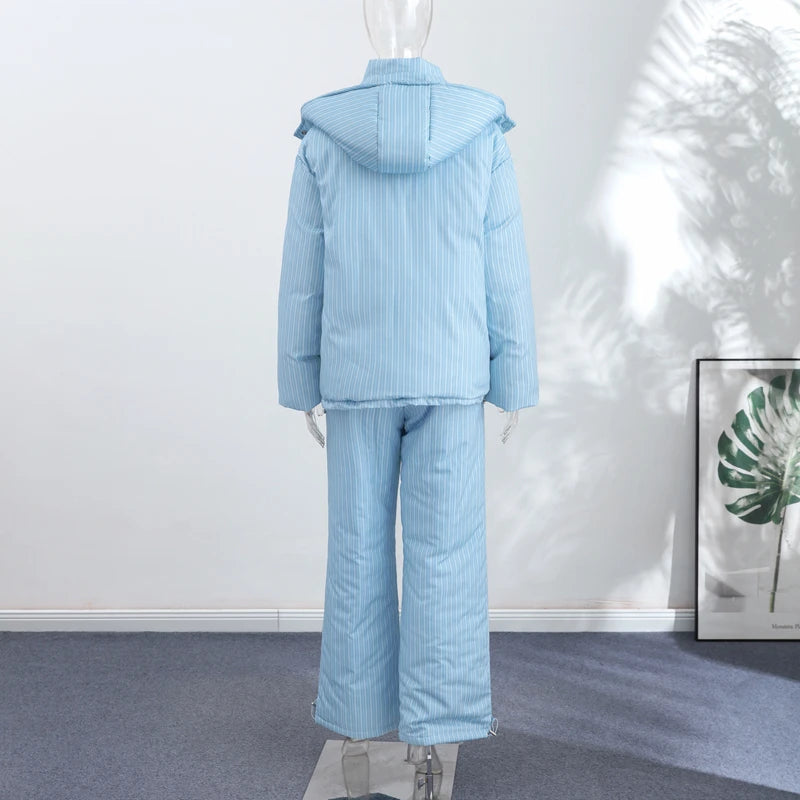 Striped Hooded Puffer Jacket and Wide Leg Pants Set for Women
