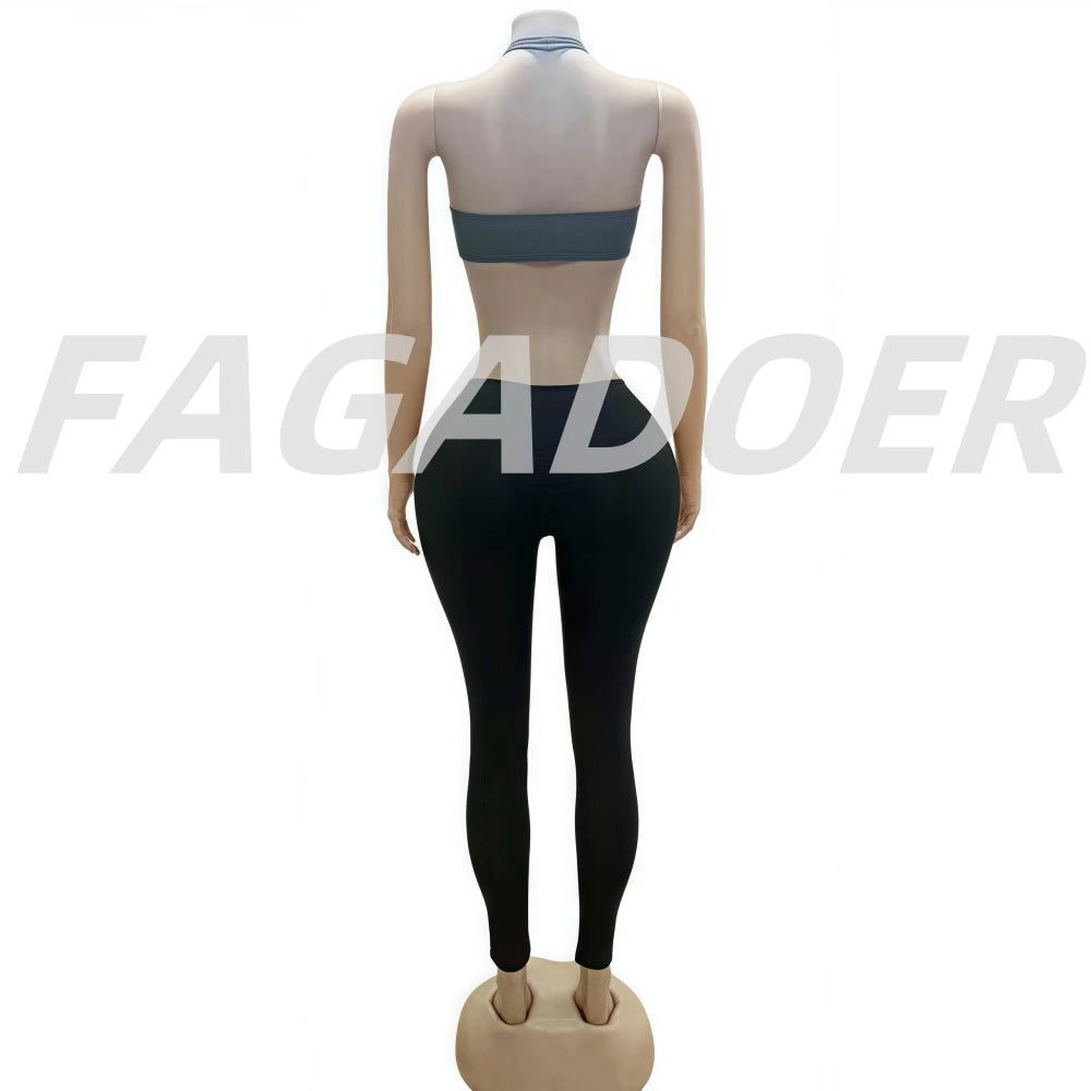 FAGADOER Y2k Sexy Two Piece Outfits Woman Halter Sleeveless Backless Crop Top and Skiny Pants Suits Female Streetwear Clothing