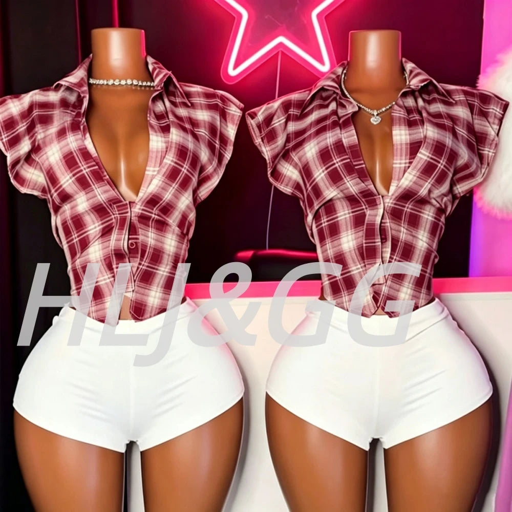 Plaid Print Deep V Neck Sleeveless Hollow Two Piece Set for Women