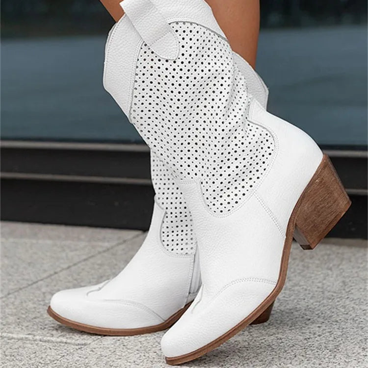 Floral Print Suede Round Toe Med Wedge Boot for Women