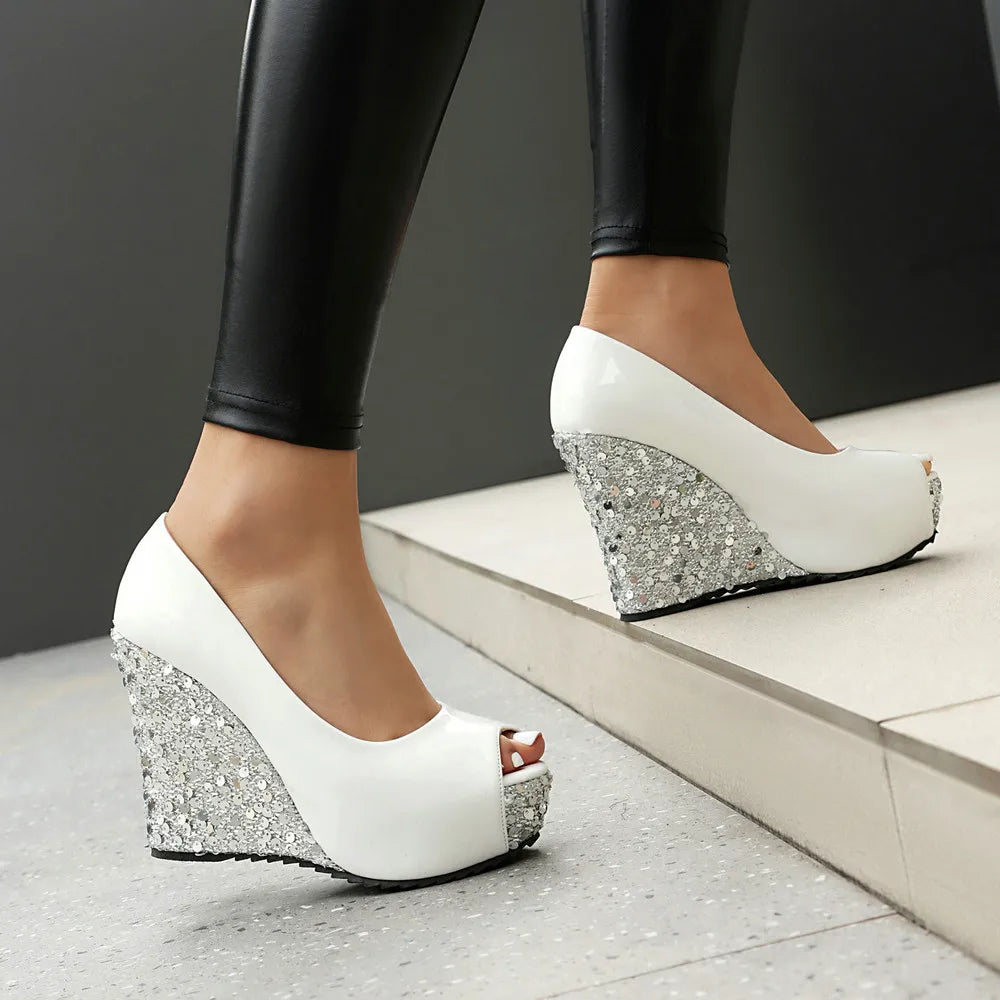 Sparkly Sequin Peep Toe Platform Wedge Sandals for Women