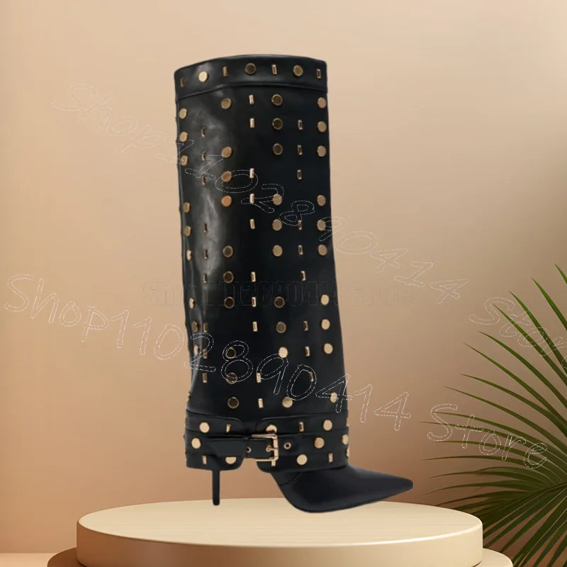 Black Fold Over Ankle Boots With Gold Rivet Buckle For Women