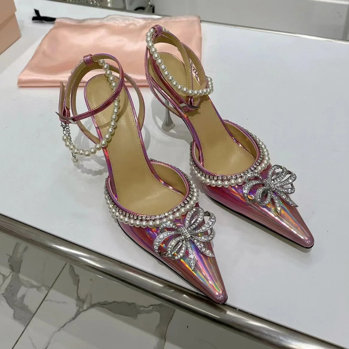 Candy Color Crystal Bow Pearls Buckle Sandals Design Women Rhinestones Bow Pointed Toe Pearls Buckle Slingback 8Cm Heel Sandals