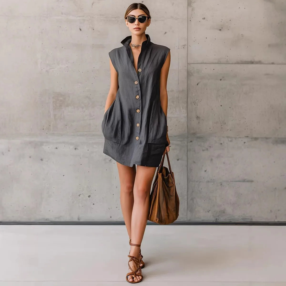 Solid Color Lapel Button Sleeveless Pocket Mini Shirt Dress for Women