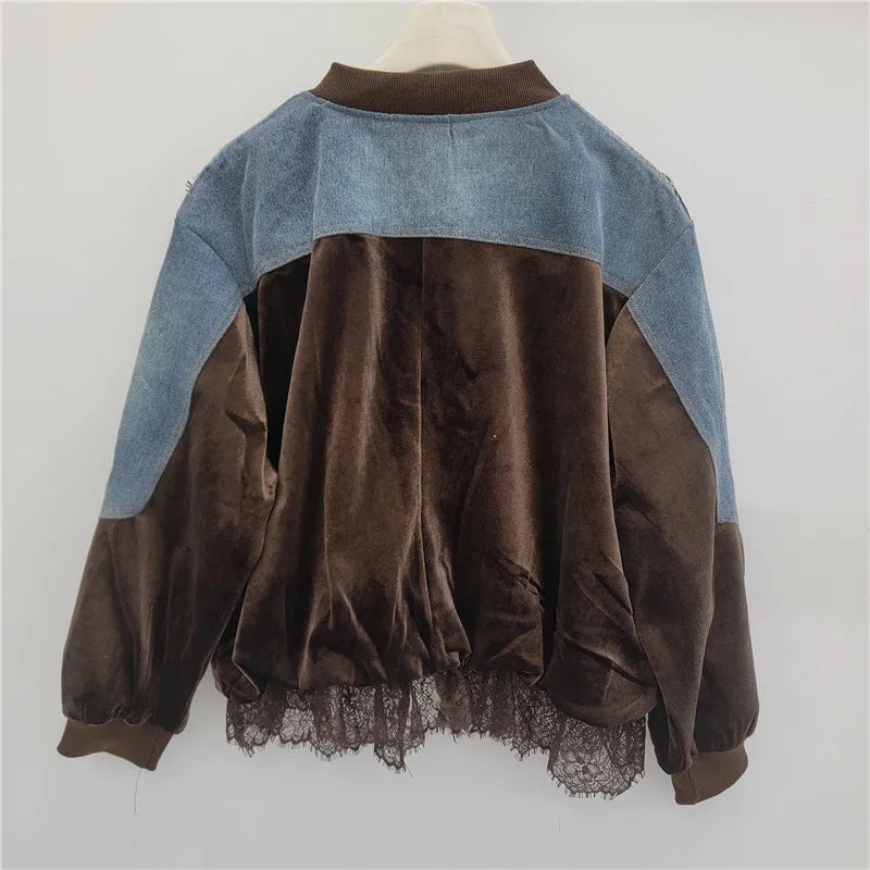 Casual Relaxed Fit Velvet Baseball Jacket for Women