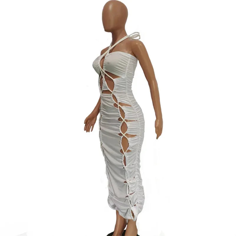 Solid Lace Up Caged Halter Backless Zipper Ruched Midi Dress for Women
