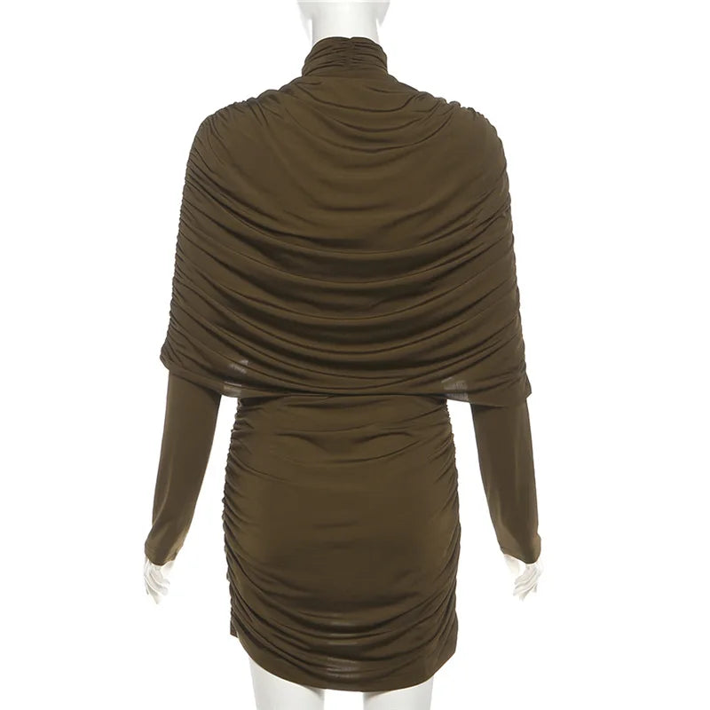 Hollow Out Shirring Turtleneck Long Sleeve Bodycon Mini Dress for Women