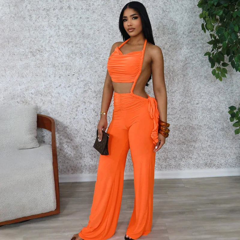 FAGADOER Sexy Ruched Patchwork Bodycon Jumpsuits For Woman Halter Sleeveless Wide-leg Romper Female Streetwear Overalls 2025 New