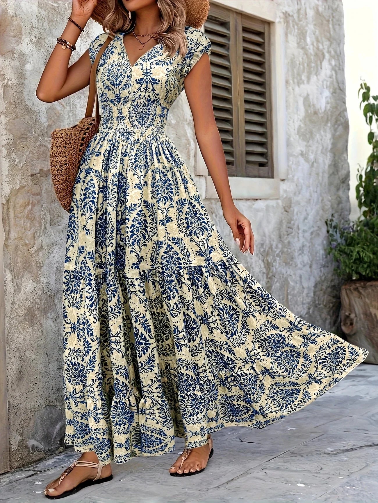 Bohemian Floral Printed V Neck Midi Dress For Women