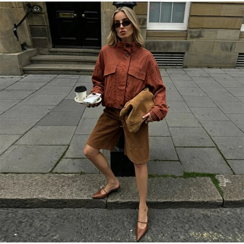 Casual Solid Loose Jacket Stand Collar With Big Pockets for Women