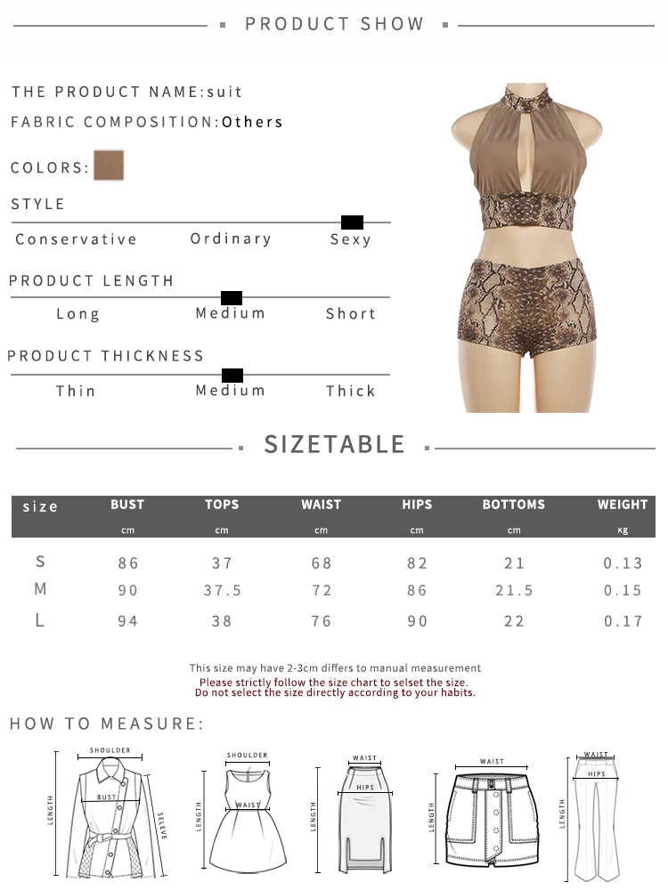 Snake Print Halter Crop Top And Shorts Set for Women