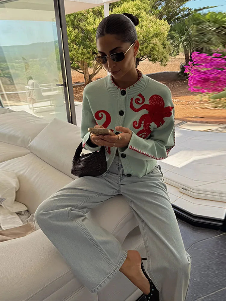 Elegant Knitted Octopus Jacquard Cardigan for Women