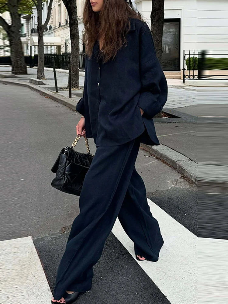 Casual Solid + Shirt and Wide Leg Pants Set + for Women