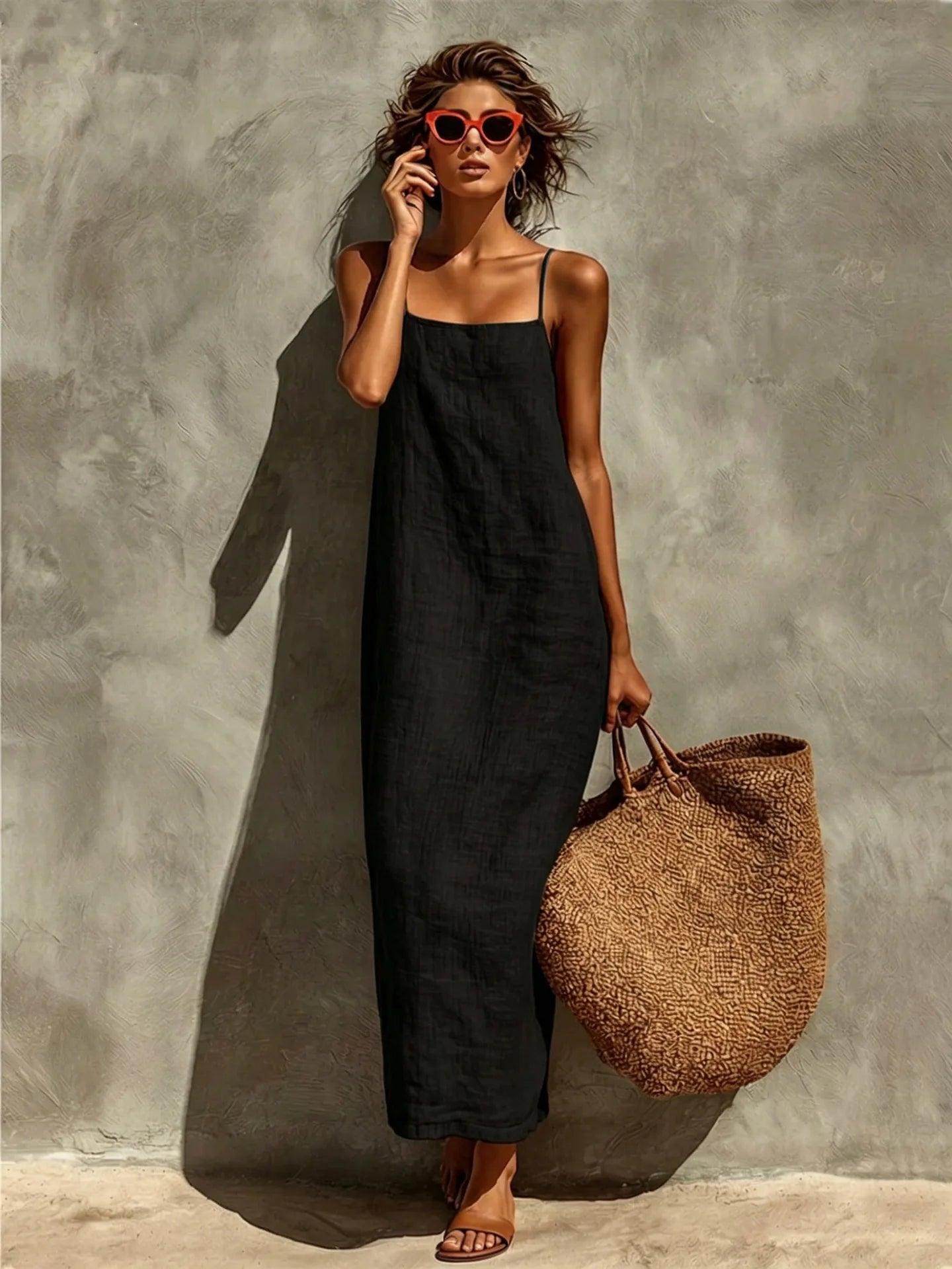 New Solid Color Square Neck Spaghetti Strap Linen Maxi Dress for Women