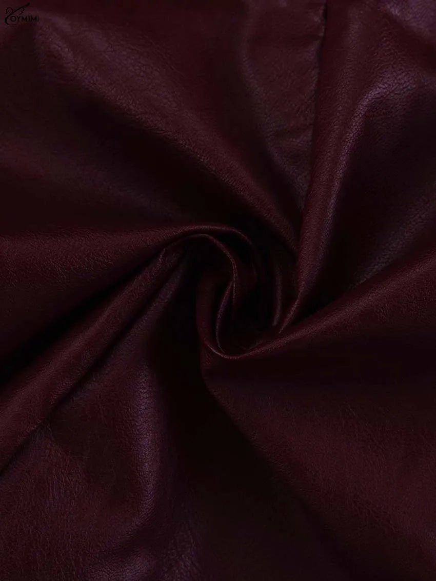 Oymimi Fashion Wine Red Pu Leather Women's Two Pieces Set Elegant Long Sleeve Button Shirts And Spaghetti Strap Mini Dress Sets