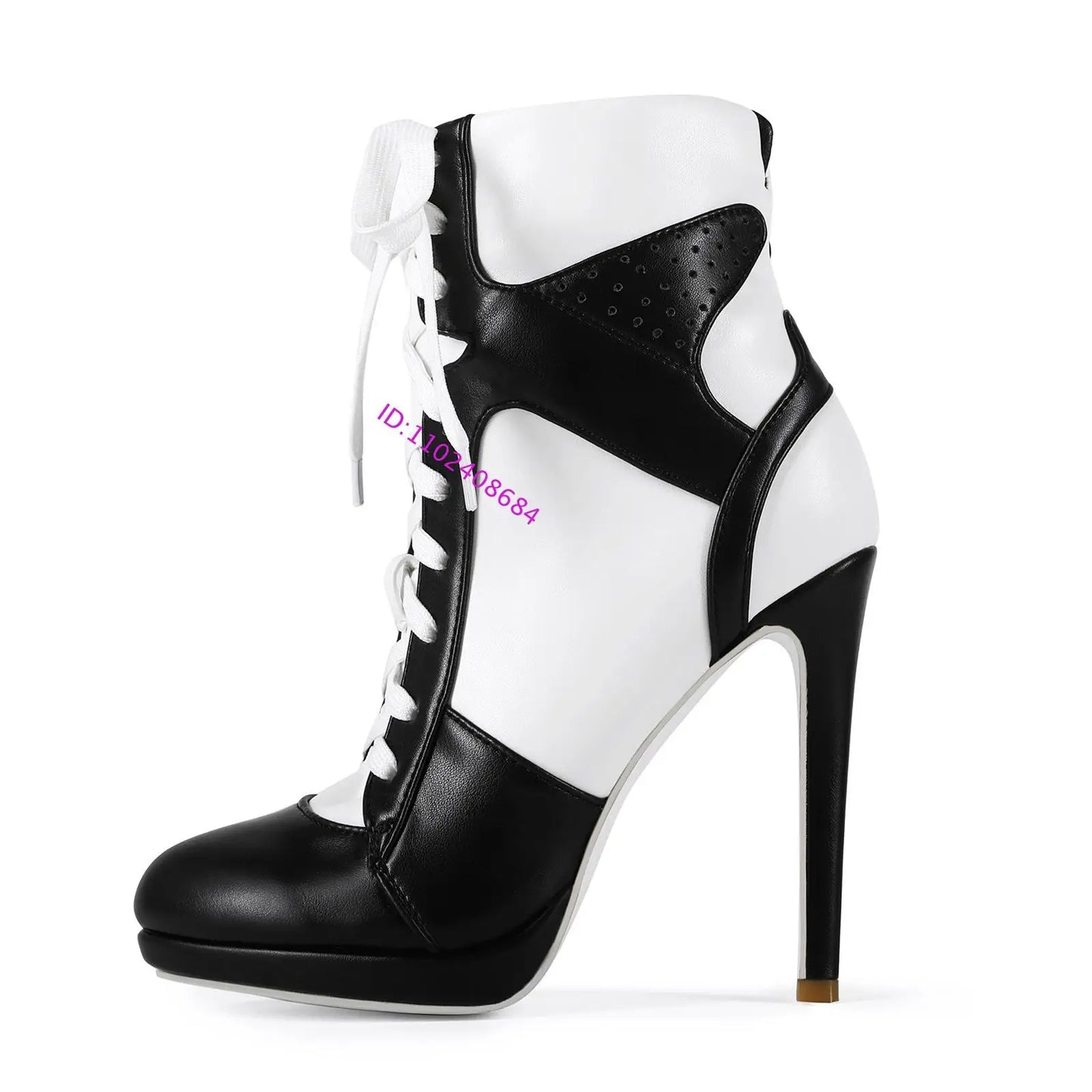 Plus Size Black White Lace-Up Stiletto Mid-Calf Boots For Women