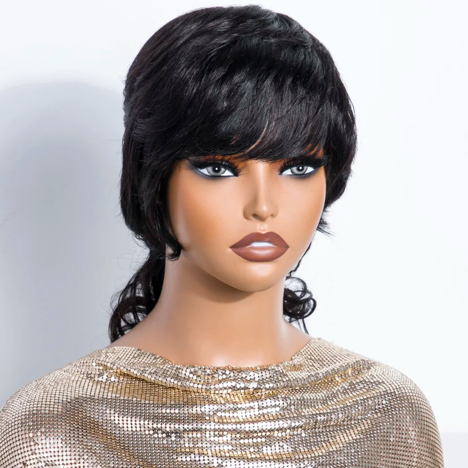 Short Mullet Pixie Cut Remy Human Hair Bob Wig for Women