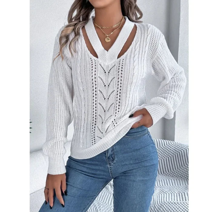 Casual Sweater Women Streetwear Hollow V-neck Elegant Lantern Sleeve Head Tops 2024 Autumn/Winter New Long Sleeved T-shirt Y2k