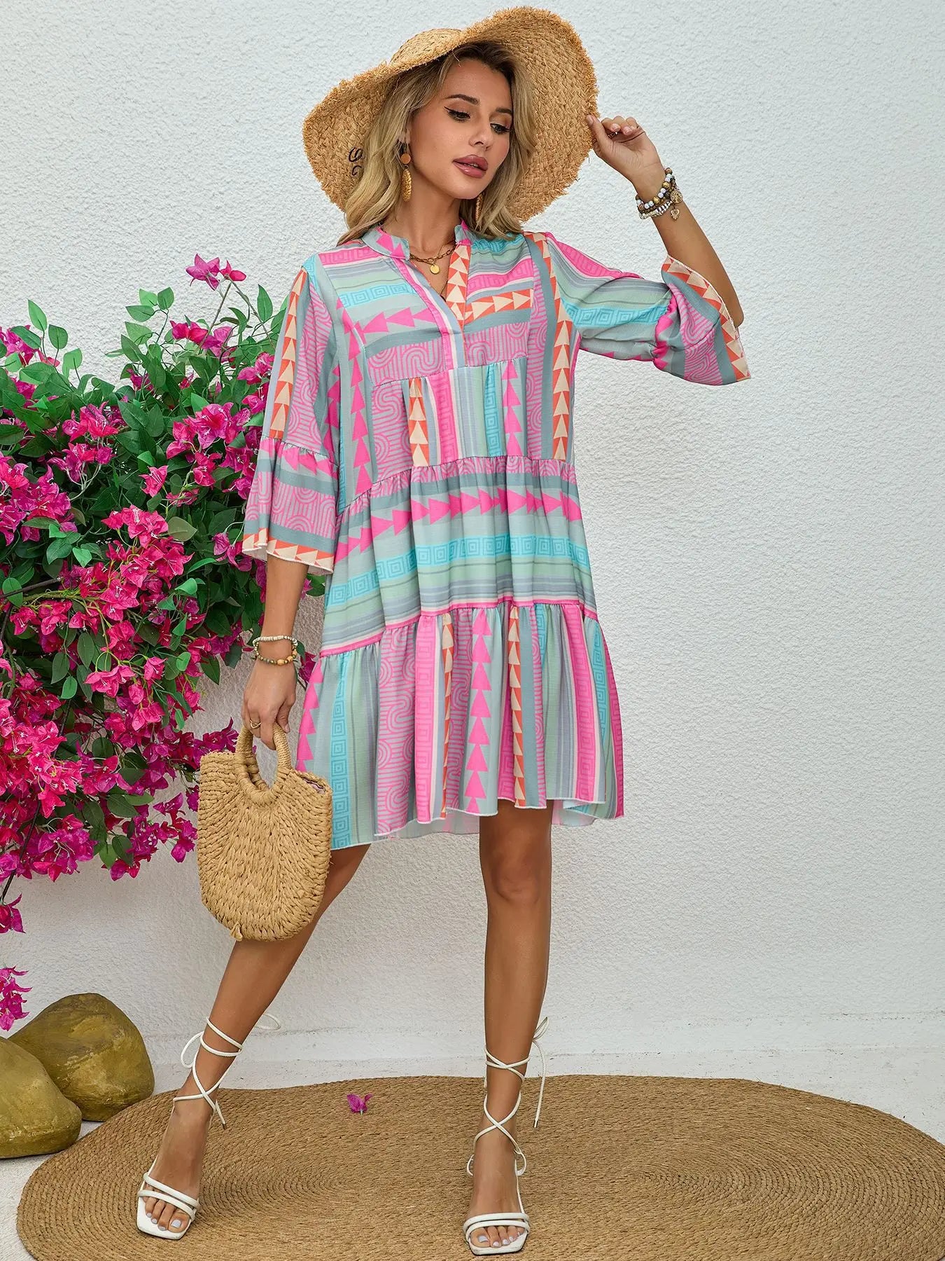 Floral Print V Neck Three Quarter Sleeve Pullover Dress For Women