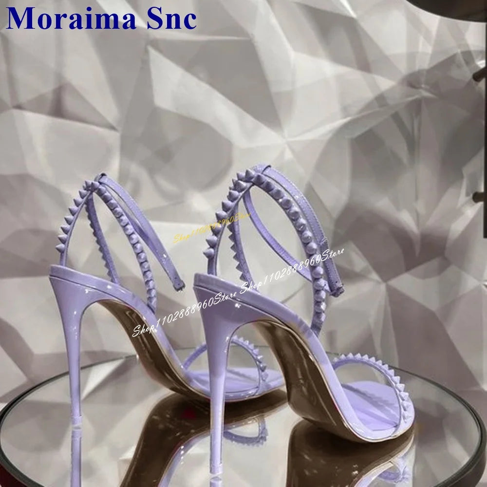 Purple Rivet Open Toe Sandals With Thin High Heel And Ankle Strap For Women