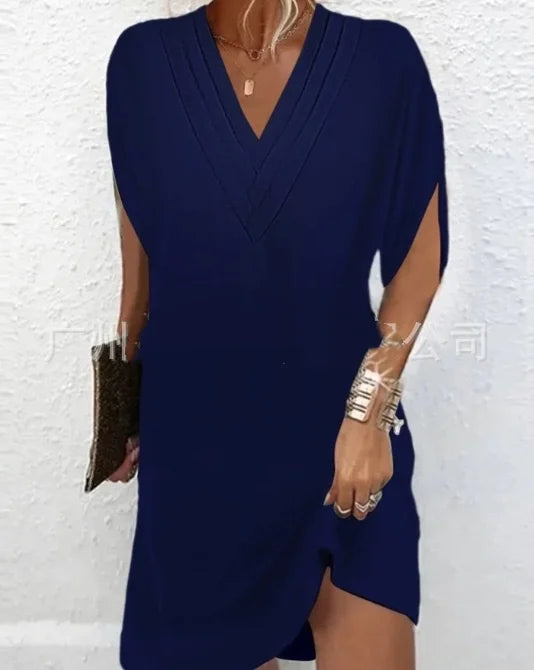 Solid Color Draped V Neck Batwing Pullover Dress for Women