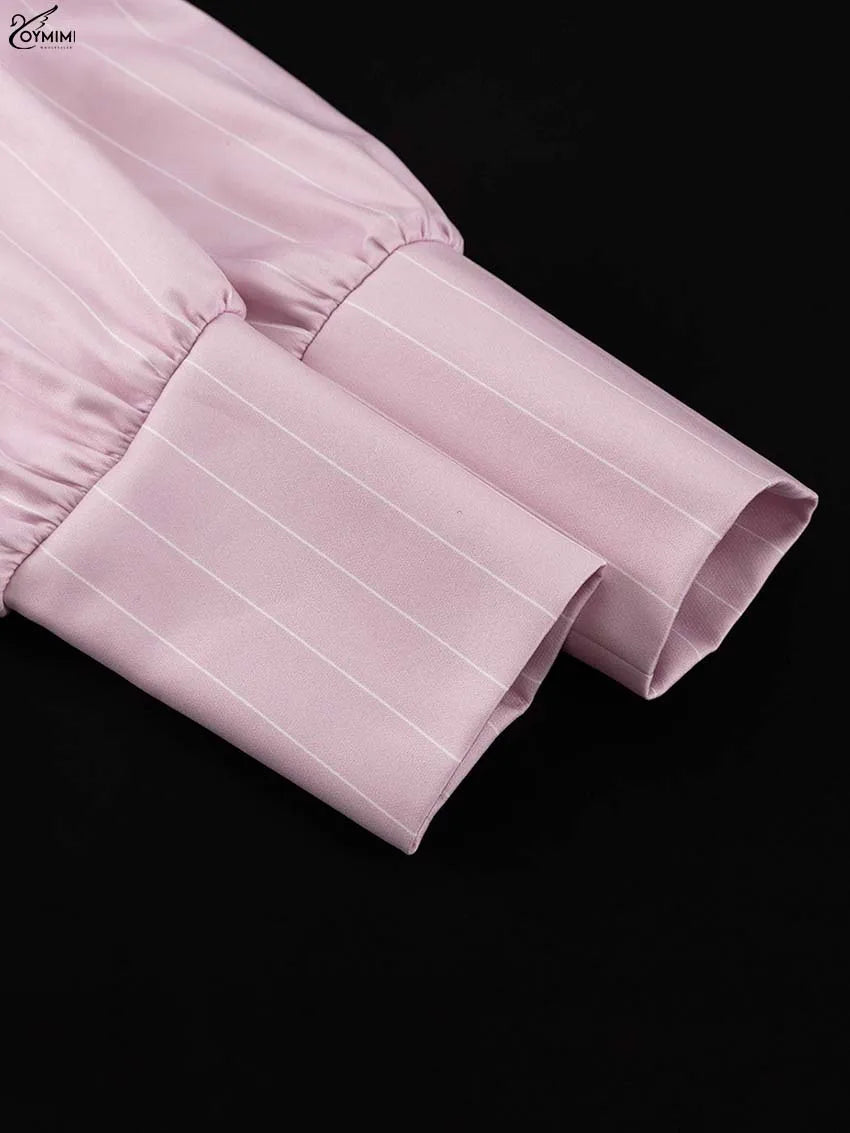 Oymimi Casual Pink 2 Piece Sets Woman Outfits Fashion V-Neck Lace-Up Long Sleeve Blouses And High Waist Slim Mini Skirts Sets