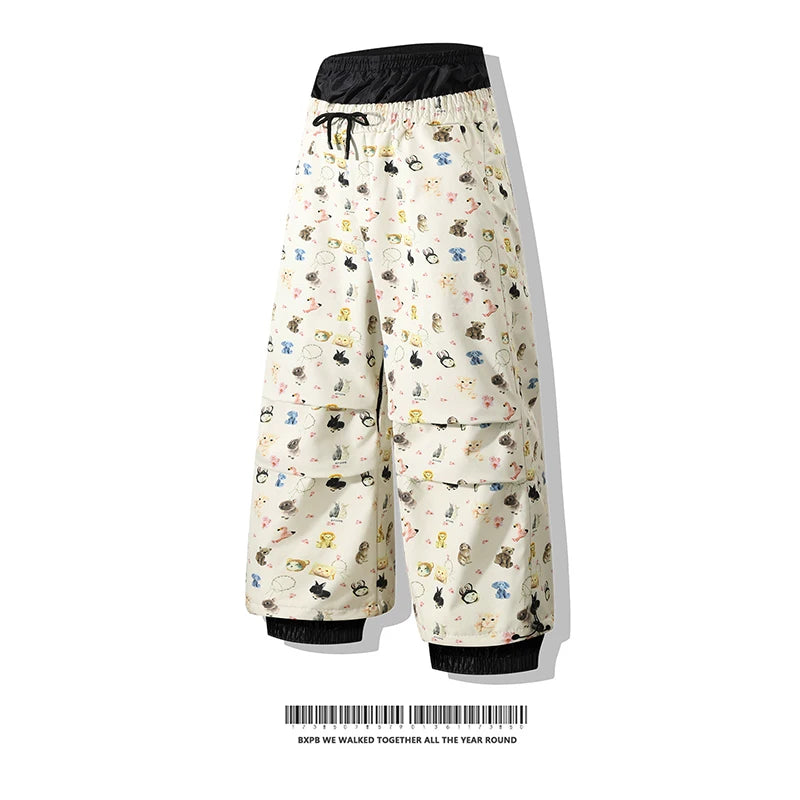 Fleece Lined Two Piece Snowboard Set With Cat And Dog Print for Women