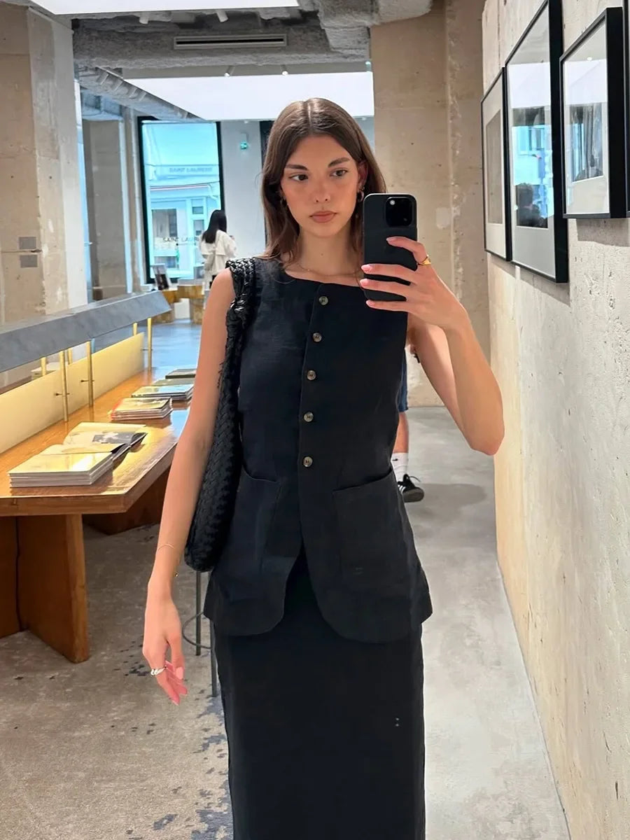 Breathable Linen High Waist Vest And Skirt Set For Women