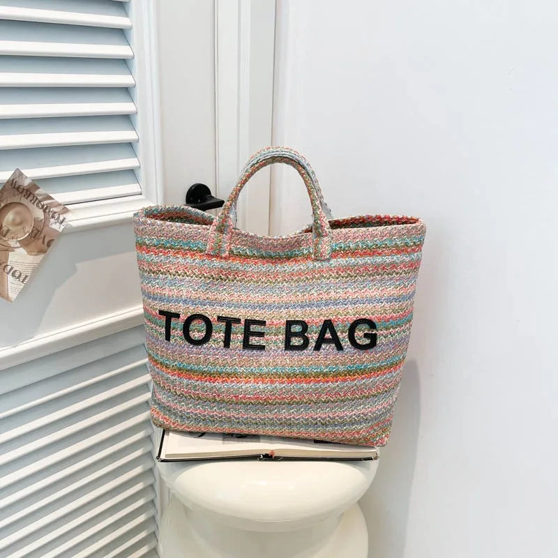 New straw woven bag, large capacity tote bag, crossbody striped letter contrasting beach bag