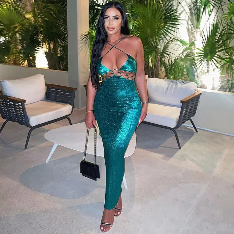 Metal Circle Hollow-Out Spaghetti Strap Backless Maxi Dress for Women