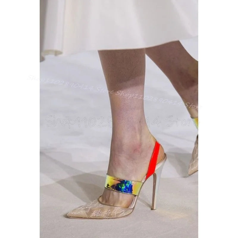 Elegant Beige Lace Strappy Pointed Toe High Heels For Women