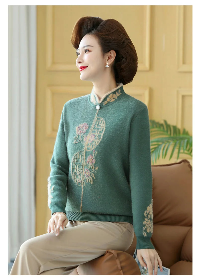 2025 Autumn New Mom's Velvet And Warm Knitted Embroidered Bottom Shirts Imitation Mink Fleece Winter Inner Plsh Thick Pullover