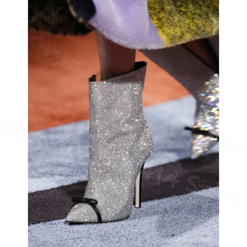 Silver Rhinestone Bow Knot Pointed Toe High Heel Boots For Women