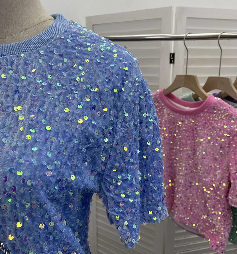 Spicy Girl Pink Sequins Short Sleeve T-shirt Round Neck Slimming Crop Top Blingbling Sexy Nightclub Multi Color Casual Tees