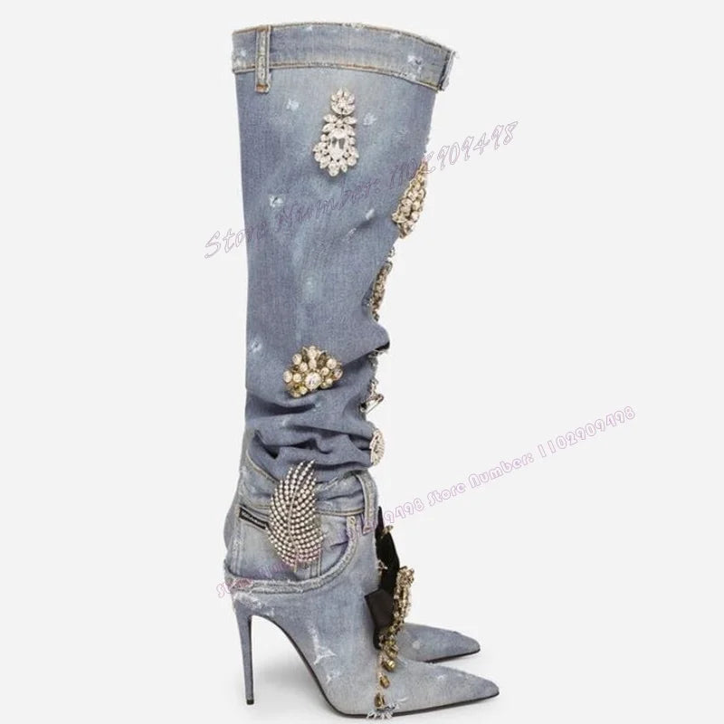 Blue Crystal Embellished Denim Knee High Boots for Women